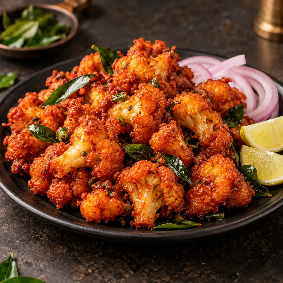 Crisp spiced cauliflower Gobi 65 with curry leaves, lemon and onion