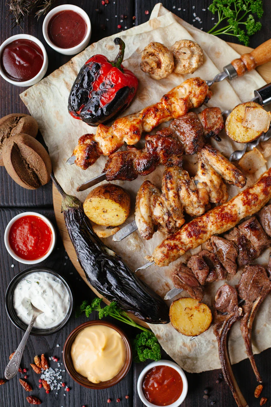A platter of grilled chicken, kebabs and roasted sides