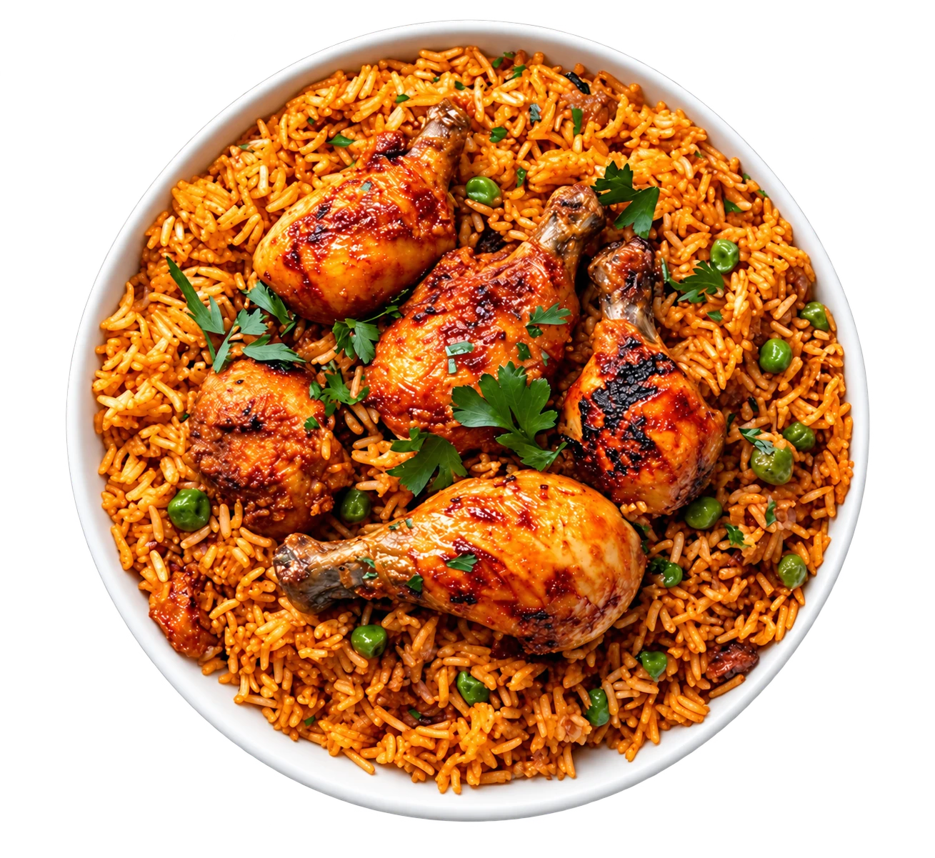 Chicken biryani with fragrant rice, fresh herbs and tender chicken in a white bowl
