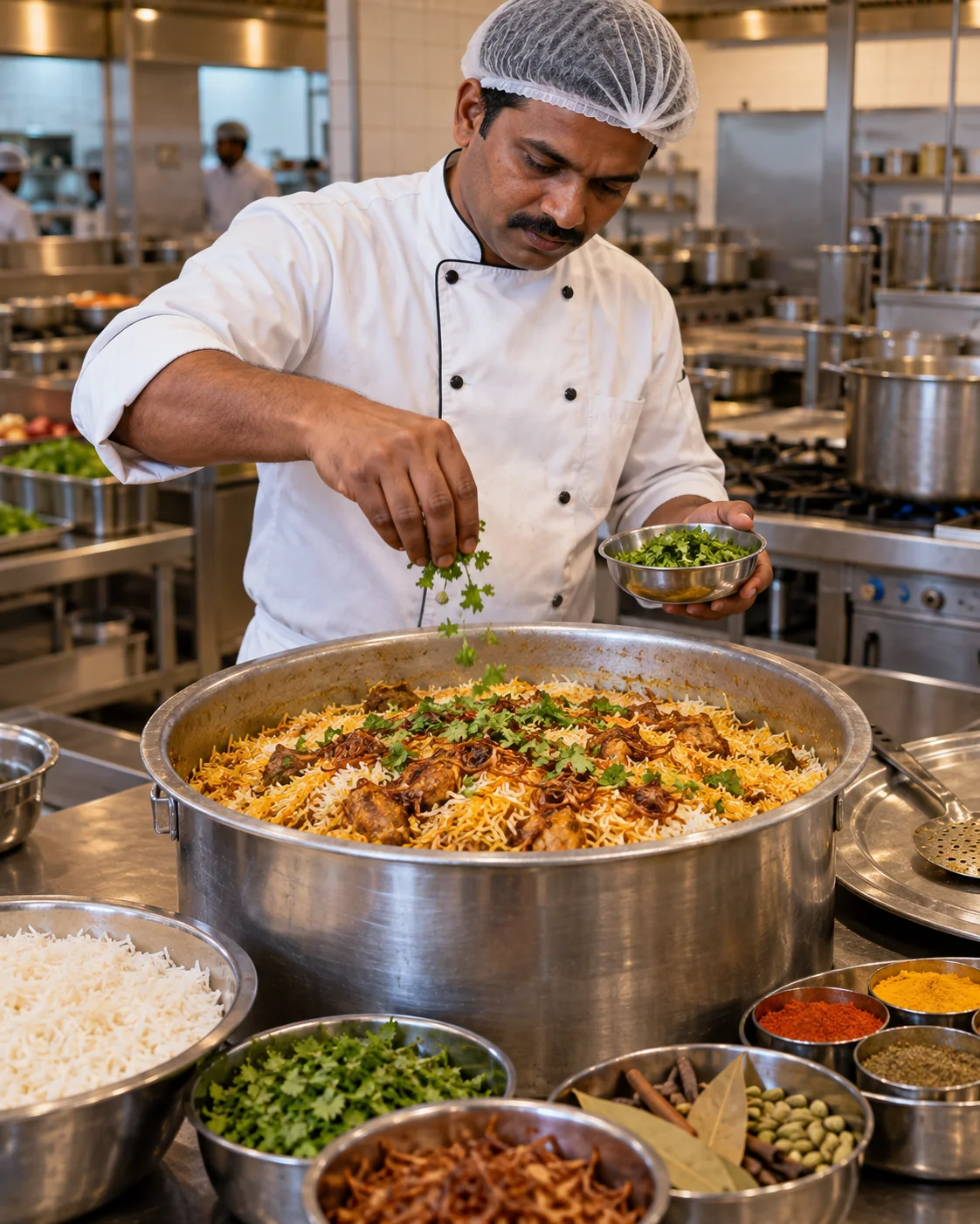 An Indian cook adding fresh coriander to a large pot of dum biryani