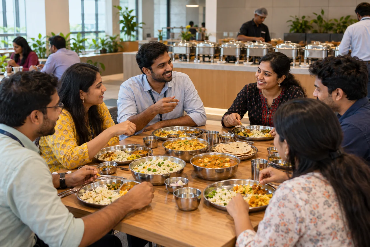 Indian coworkers enjoying a catered team lunch in an office