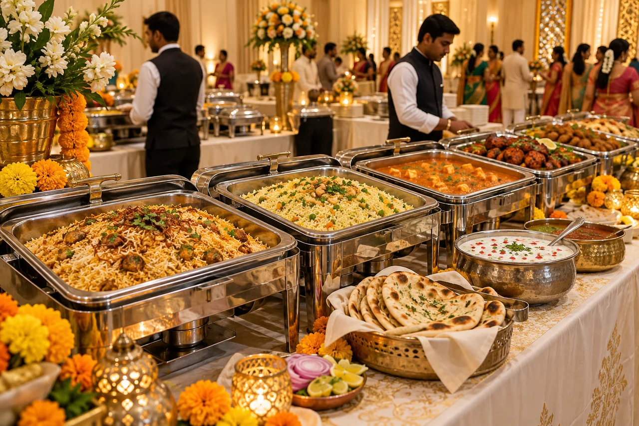 An Indian catering buffet with biryani, vegetarian curries and breads in a celebration hall