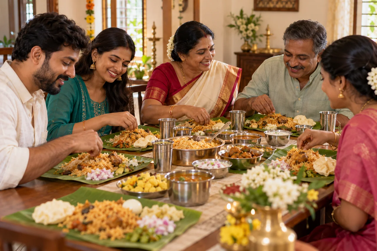 An Indian family sharing biryani and traditional dishes on banana leaves