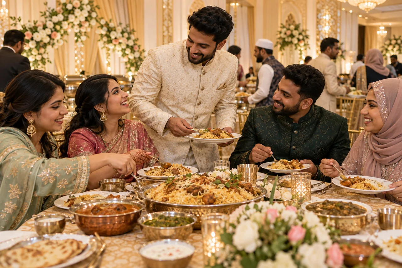 Indian wedding guests sharing a catered meal in a cream and gold reception hall
