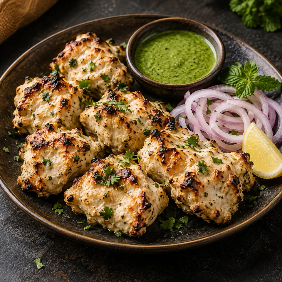 Creamy chicken malai tikka with golden char marks and mint chutney