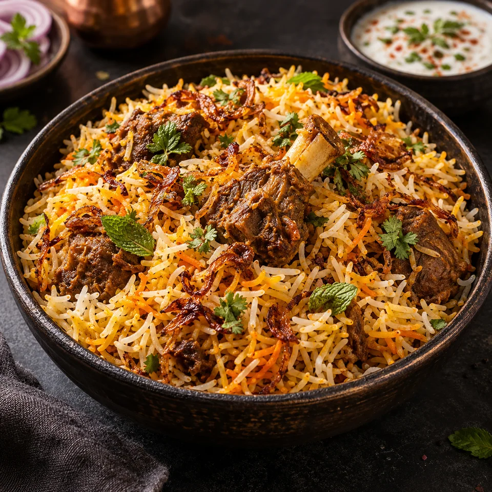 Mutton dum biryani topped with fried onions and fresh herbs