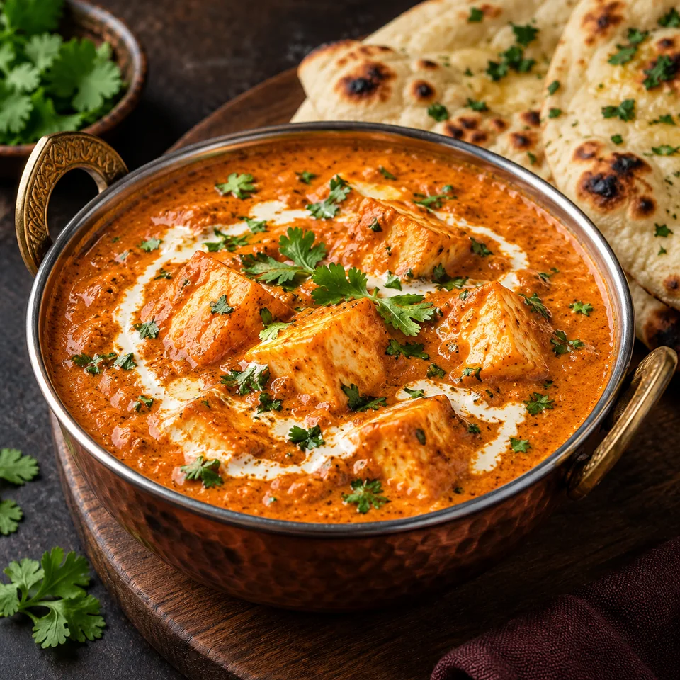 Paneer cubes in orange butter masala gravy with coriander and naan