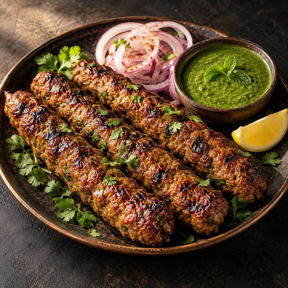 Grilled mutton seekh kebabs with onion rings, herbs and lemon