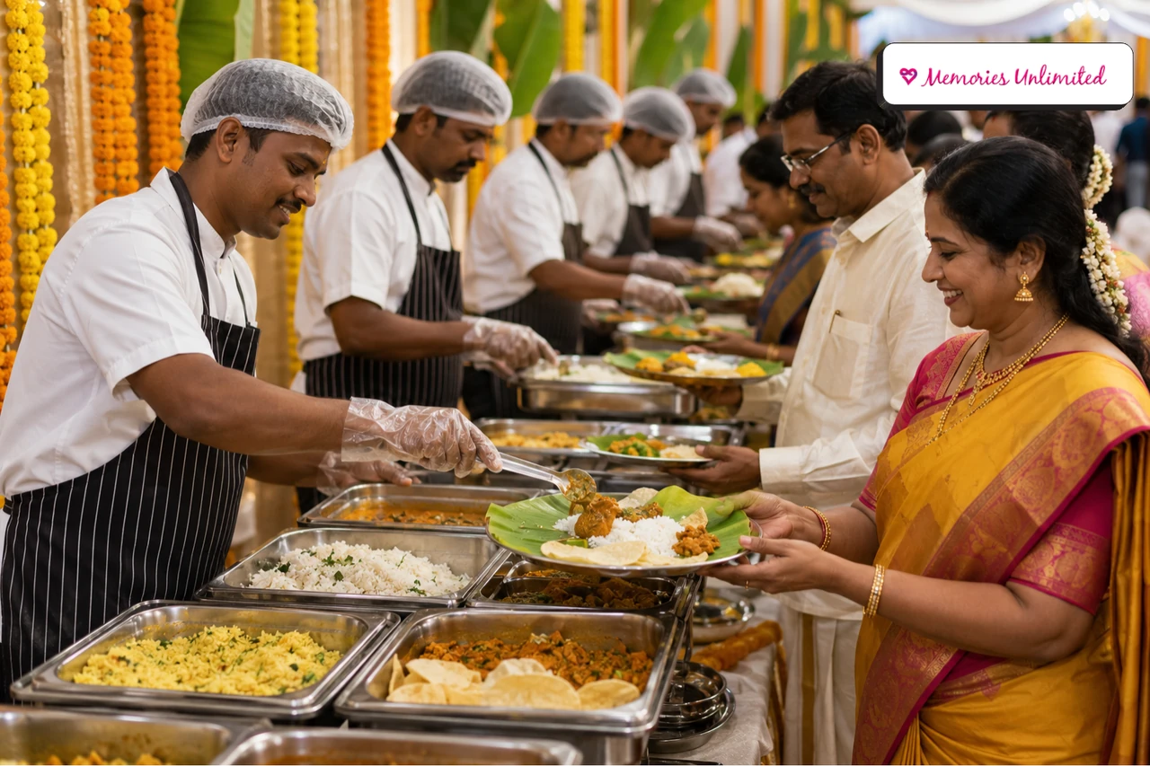 An Indian catering team serving a celebration meal to guests