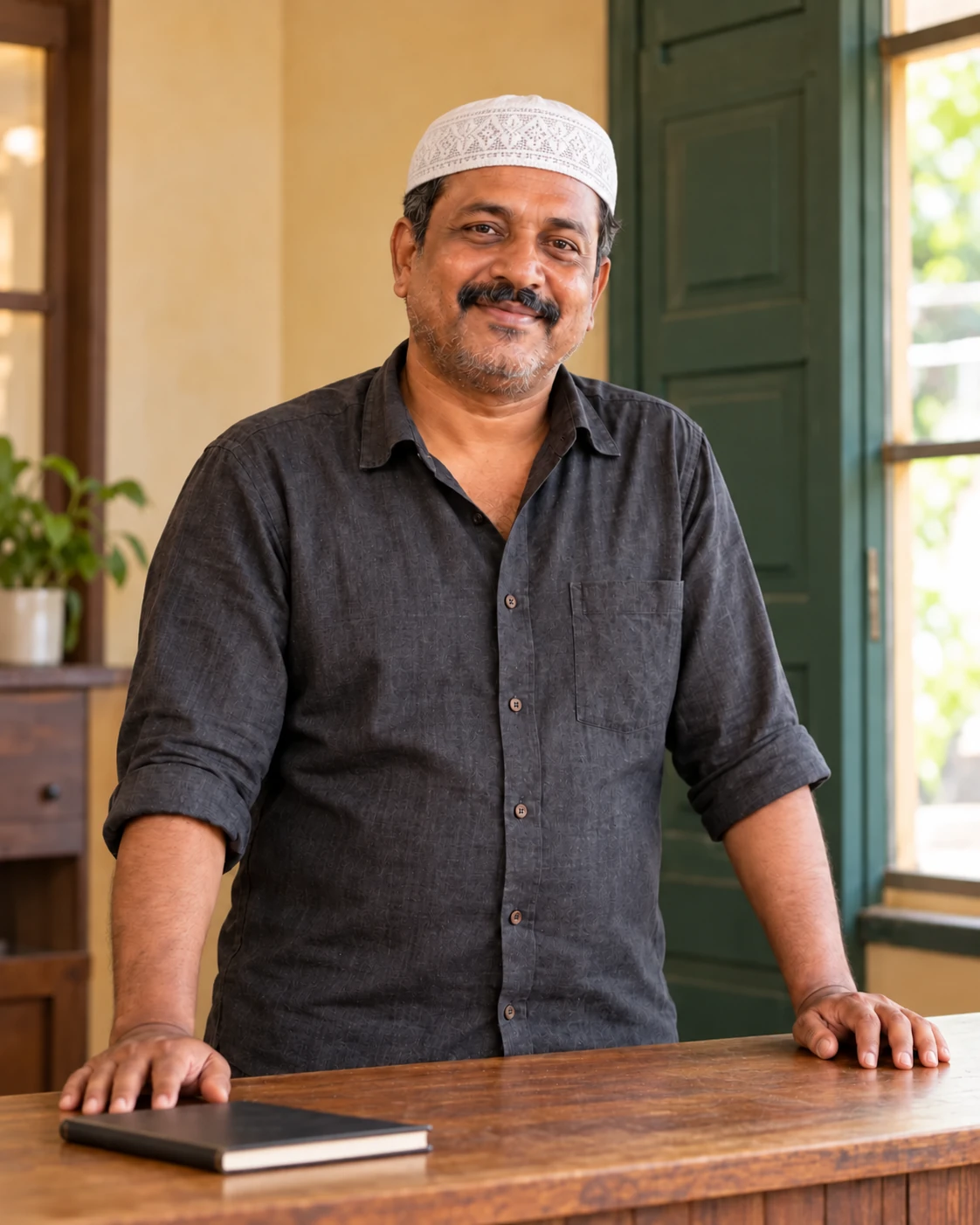 Owner wearing a white prayer cap at the shop's wooden counter