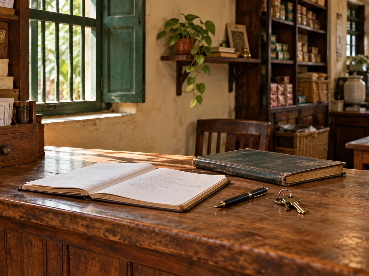 The shop workspace with a notebook, ledger and keys on the counter