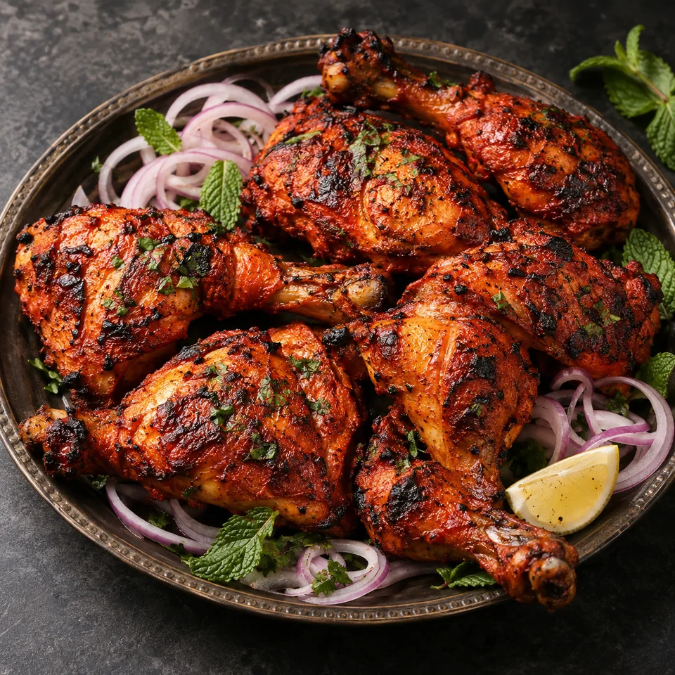 Grilled tandoori chicken with charred edges, onions and lemon