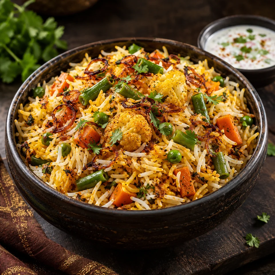 Vegetable dum biryani with basmati rice, peas, carrots and fresh herbs